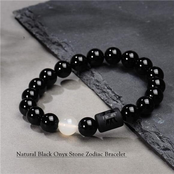 Zodiac Bracelet for Men Women, 8mm 10mm Natural Black Onyx Stone Star Sign - Picture 3 of 8